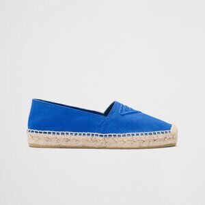 NWT Prada Espadrille Flat Shoes In Blue Canvas Embossed Triangle Logo Sz 35